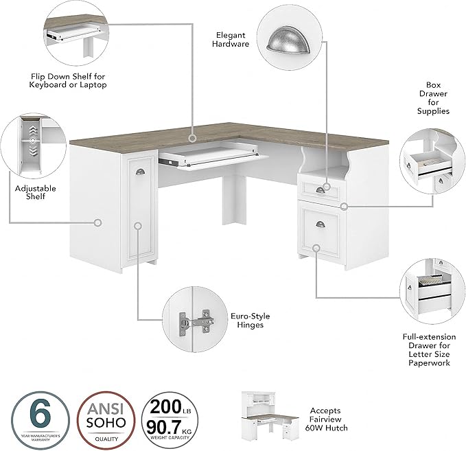 Bush Home Fairview 60W L Shaped Desk with Hutch and Lateral File Cabinet in Pure White and Shiplap Gray