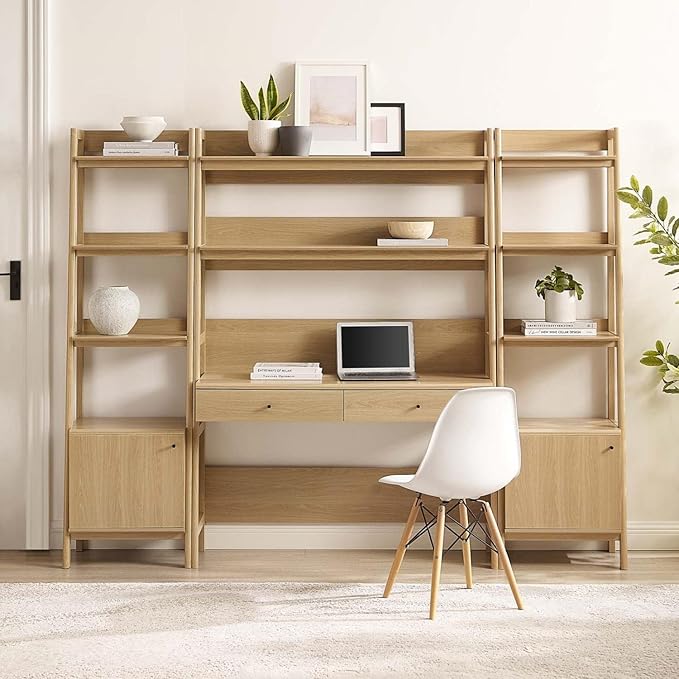 Modway 3-Piece Home Office Desk and Bookshelf Display Case in Oak