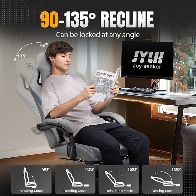 GTPLAYER Gaming Chair with Foot Rest & Pocket Spring Cushion, Breathable Fabric for Home Office Desk, Ergonomic High Back Computer Chair with Headrest & Lumbar Support, Blue/Gray