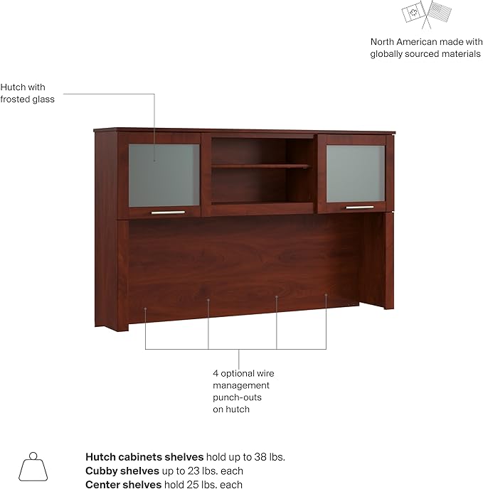Bush Home 60-Inch Desk Hutch, Office Storage Organizer with Shelves, Cubbies and Frosted Glass Doors for Computer Desk, Home Office Furniture, Somerset Collection, Hansen Cherry
