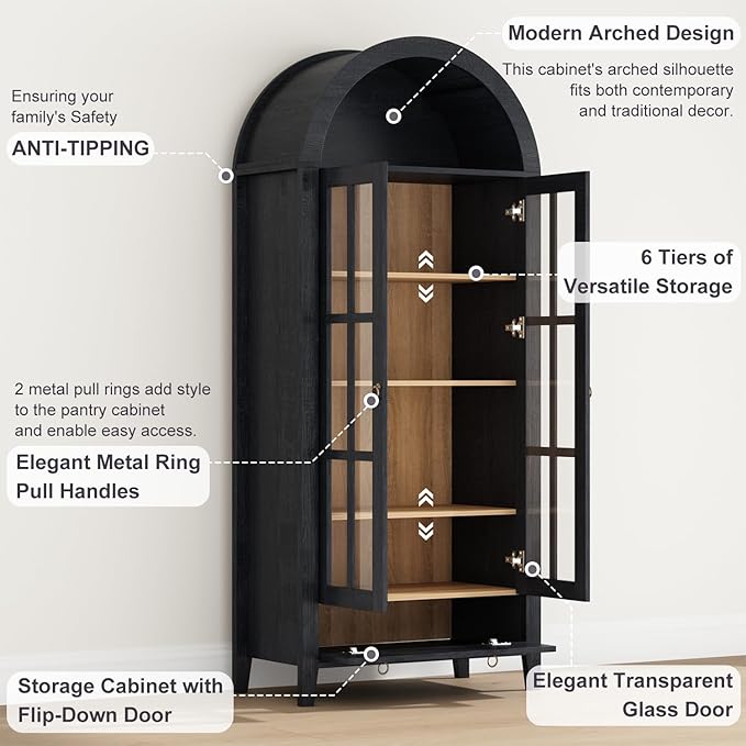 70" Tall Arched Cabinet, Modern Farmhouse Wooden Display Cabinet with Glass Doors, 6 Tier Bookshelf with Adjustable Shelves for Living Room, Office, Black