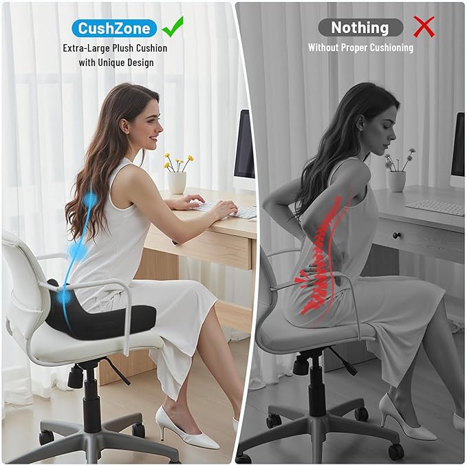 Cushzone Memory Foam Seat Cushion for Office Chair, Ergonomic Coccyx Cushion for Desk Chair, Tailbone Support Pillow for Long Sitting, Non-Slip Seat Pad for Home, Car, Gaming Chair (Black, X-Large)