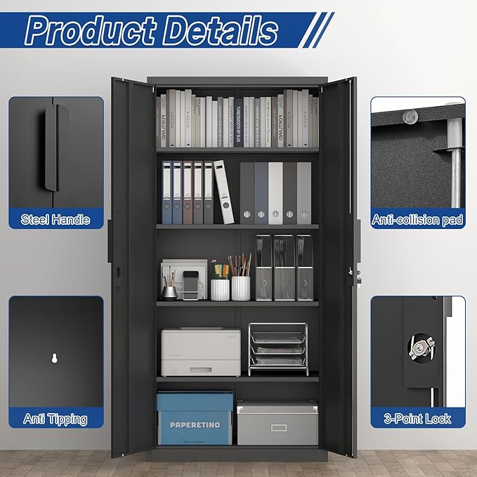 72''H Tall Metal Garage Storage Cabinet with Lock, 18'' Deep Metal Storage Cabinets with Doors and 4 Adjustable Shelves, Heavy Duty Steel Locker for Garage, Warehouse, Home Office, Black