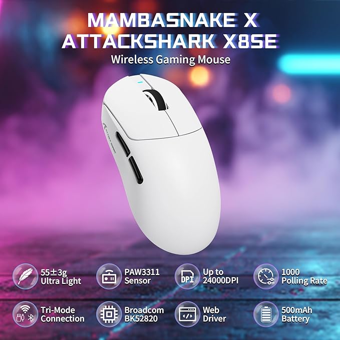 ATTACK SHARK X8SE Wireless Gaming Mouse,Adjustable 25K DPI PAW3311 Optical Sensor,Ergonomic 59g Lightweight,Triple Modes 2.4G/BT/USB-C Wired,500mAH Battery,5 Programmable Buttons for PC/Mac-White