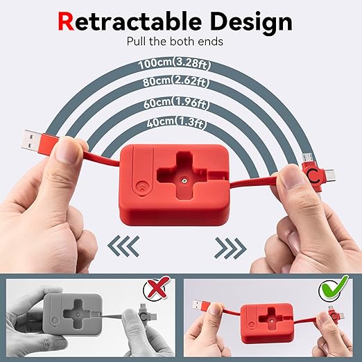 2Pack 3 in 1 Fast Charging Cable, 3A Retractable USB Charger Cable with IP/USB C/Micro Ports, Phone Holder, Multiple Fast Charging Cord for Cell Phones, IP, Samsung Galaxy, Tablets