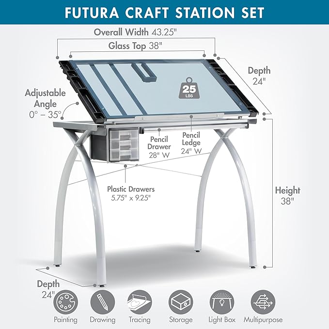 SD Studio Designs 10037 Futura Deluxe Drafting Table with Light Pad Support Bars & Drafting Height Leg Extensions, Silver/Blue Glass