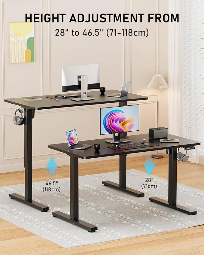40" Electric Standing Desk Adjustable Height, Sit Stand up Desk for Home Office & Computer Workstation, 2 Memory Height Settings, Splice Board, 2 Hooks, Black Frame/Black Top