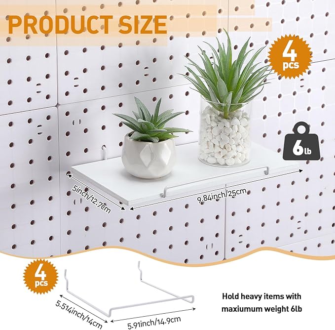 Wonderjune 4 Pcs Wooden Pegboard Shelves with Metal Pegboard Shelf Brackets Peg Board Display Storage Tray Wall Organizer Peg Board Accessories for Craft Room Home Kitchen(White,9.84 x 5 Inch)