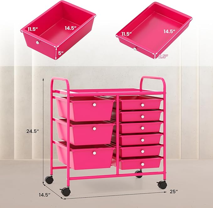 Moccha 9-Drawer Rolling Storage Cart - Under Desk Storage Drawers with wheels for Craft Art Supply Paper Salon, Scrapbook Paper Tools, Mobile Utility Cart for Classroom, Hot Pink