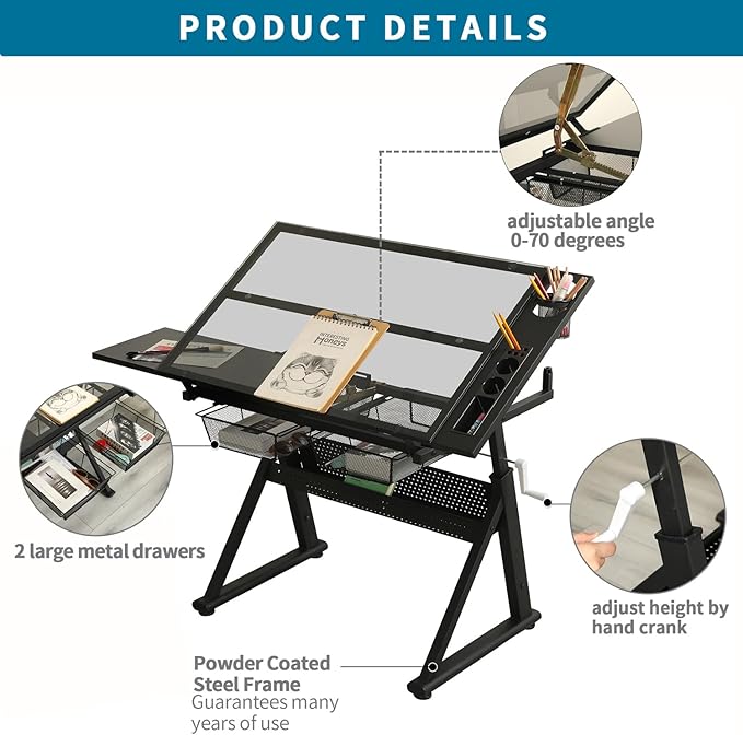 Adjustable Height Drafting Table with Storage Drawers & Stool for Adults, Glass Art Desk with Side Storage Strips, Drawing Table with Tilted Tabletop for Art Office Study (Black+Glass A)