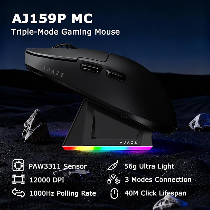 AJ159P MC Wireless Gaming Mouse, 12000 DPI, Tri-Mode 2.4G/Bluetooth/Wired, Magnetic RGB Charging Dock, 56g Ultra-Light, Programmable 6 Buttons - Perfect for Gaming, Work & Travel (Black)