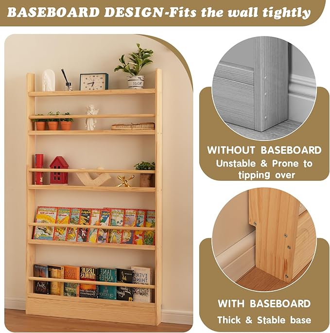 Baveke Kids Bookshelf, 5 Tier Shelves Behind The Door Book Shelf Storage, Children's Solid Wood Bookcase Space- Saving, Wall Mount Bookshelf for Bedroom, Living Room, Office（FSC-Certified Wood）