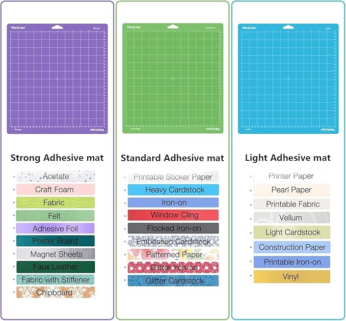 WORKLION Cutting Mat 12x12 Compatible with Maker/Maker 3/Maker 4/Air 2/Explore 3/4, Variety Sticky（Standard,Light,Strong) Vinyl Mat(3Pack) Accessories