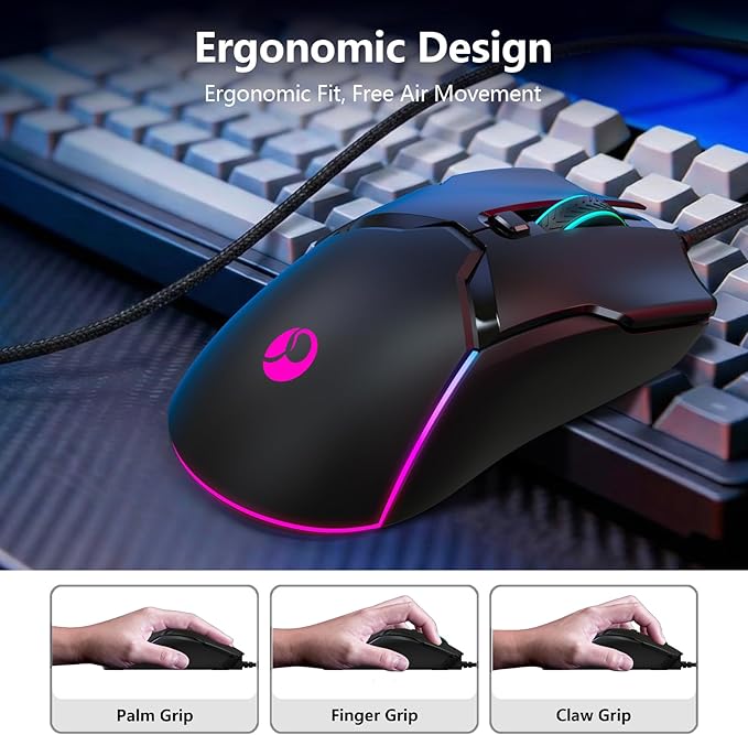 Wired Gaming Mouse,Ergonomic 8000 DPI Optical Gaming Mice with 12 RGB Backlit Modes, 6 Programmable Buttons, DIY Software for PC Gamer & Office