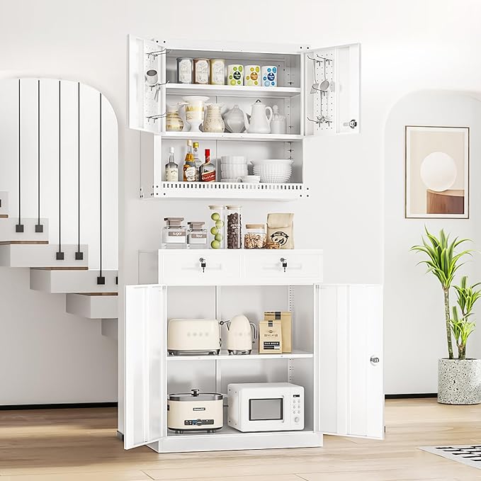 INTERGREAT Metal Storage Cabinet with 2 Drawers,36" White Metal Cabinets with Doors and Shelves, Garage Cabinet with Lock for Home Office, Garage, School, Apartment,Warehouse