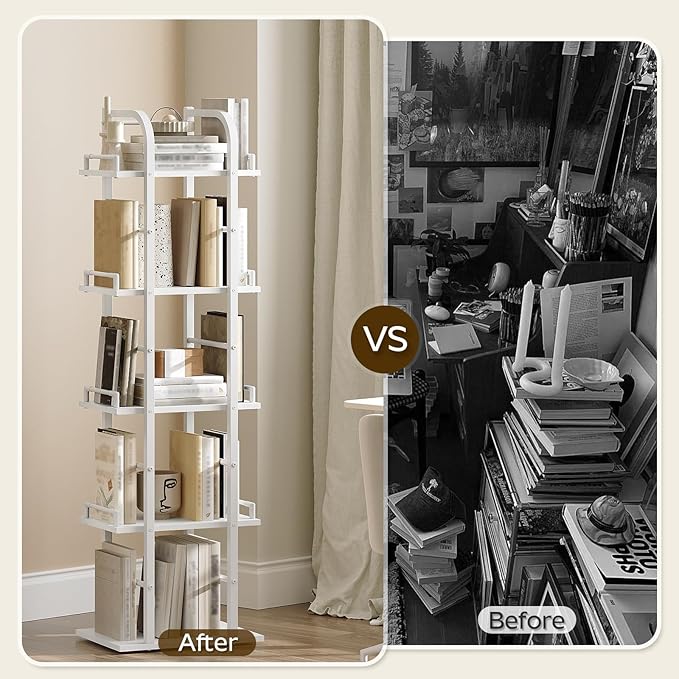 YATINEY 5 Tier Rotating Bookshelf, Freestanding Corner Bookshelf, 360 Spinning Bookcase Tower, Tall Industrial Style Organizer, Storage Shelf Bookcase for Living Room, Study, White SJ02WW