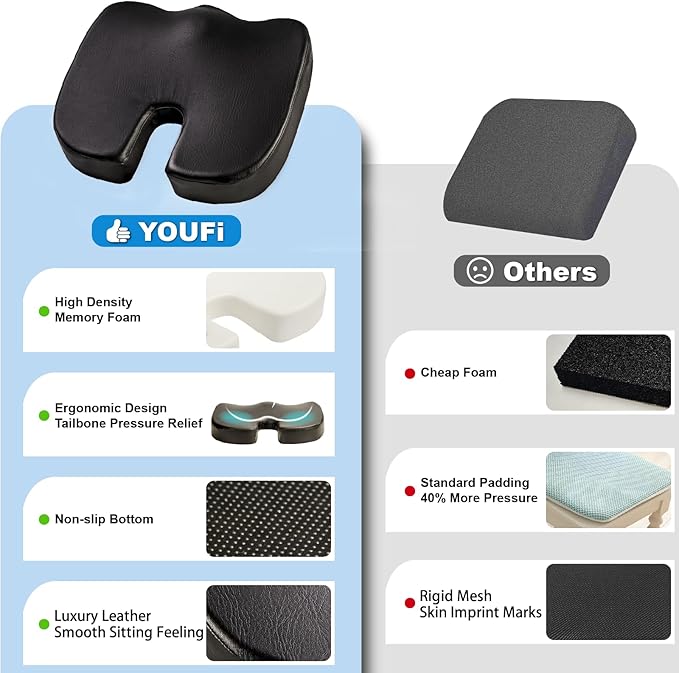 YOUFI Leather Seat Cushion for Office Chair, Ergonomic Support Memory Foam for Long Sitting, Sciatica & Tailbone Pain Relief Pillow for Desk Chair, Car Seats & Gaming Chairs