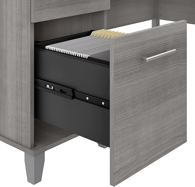 Bush Home Somerset 60W L Shaped Desk with Hutch and 5 Shelf Bookcase in Platinum Gray