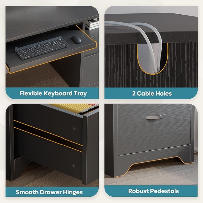Bestier 59” Computer Desk with 4 Drawers, Office Desk with Storage, Modern Executive Desk with Charging Station, Keyboard Tray & Wooden Pedestals on Both Sides for Home Office & Studio, Black