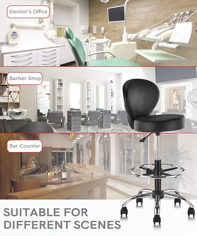 KLASIKA PVC Faux Leather Drafting Chair Set of 4 Rolling Swivel Salon Stool with Back Foot Rest Adjustable Hydraulic Seat Height 30 Inch Diameter 15 in Lumbar Support for Massage Facial Spa 4 Pack