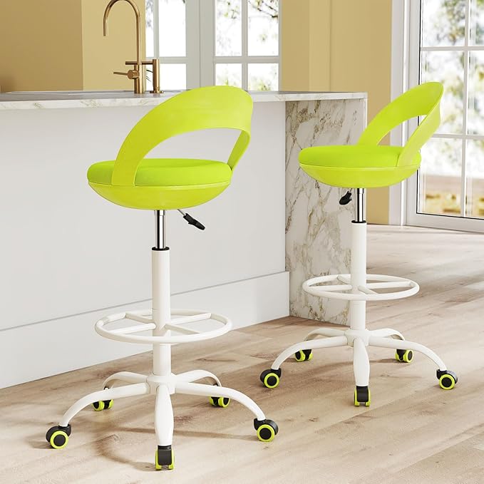 Giantex Drafting Chair Set of 2 with Back, Tall Office Chair with Footrest & Adjustable Height, Ergonomic Standing Desk Chair for Counter Height Desk, Home Kitchen, Green