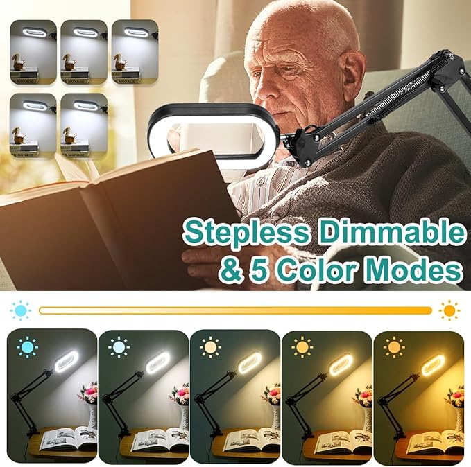 IVMAIE 10X Magnifying Glass with Light, Rectangle Real Glass, 5 Color Modes Stepless Dimmable Magnifier with Stand, LED Lighted Clamp Desk Lamp with Swing Arm, Hands Free for Reading Crafts Close Work