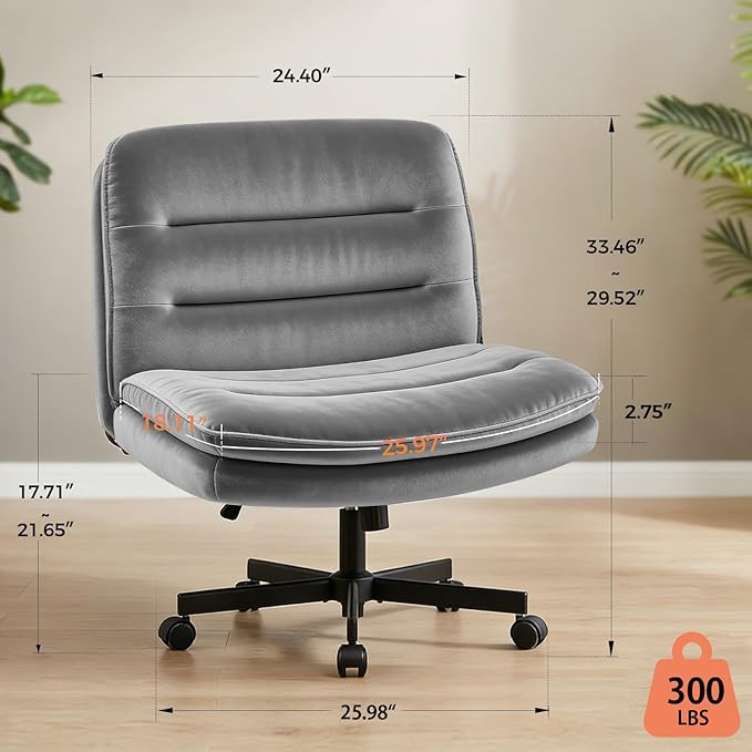 GTPLAYER Cross Legged Office Chair, Armless Desk Chair Cute Vanity Chair with Wheels Computer Chair Comfy Wide Office Chair Adjustable Swivel for Home Computer Task,Soft Velvet, Grey
