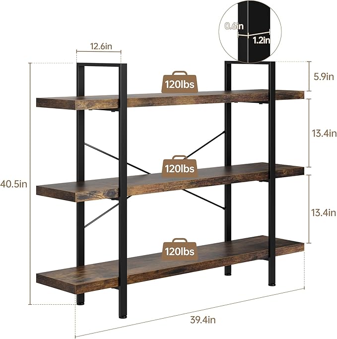 OtterOasis Heavy Duty 3-Tier Industrial Bookcase, 39" Wide Wood Bookshelf for Home Office, 120lbs Shelf Capacity, Rustic Open Shelving Display with Reinforced Horizontal Shelf for Living Room Bedroom