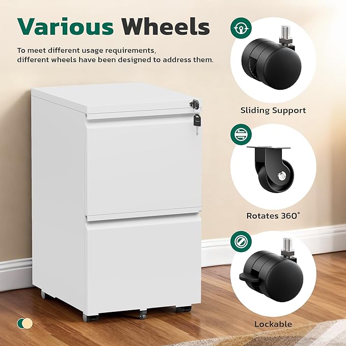 Greenvelly 2-Drawer Mobile File Cabinet with Lock, Metal Rolling Filing Cabinet on Wheels, Under Desk File Cabinet for Home Office, Fits Letter/Legal/A4 File (Assembly Required, White)