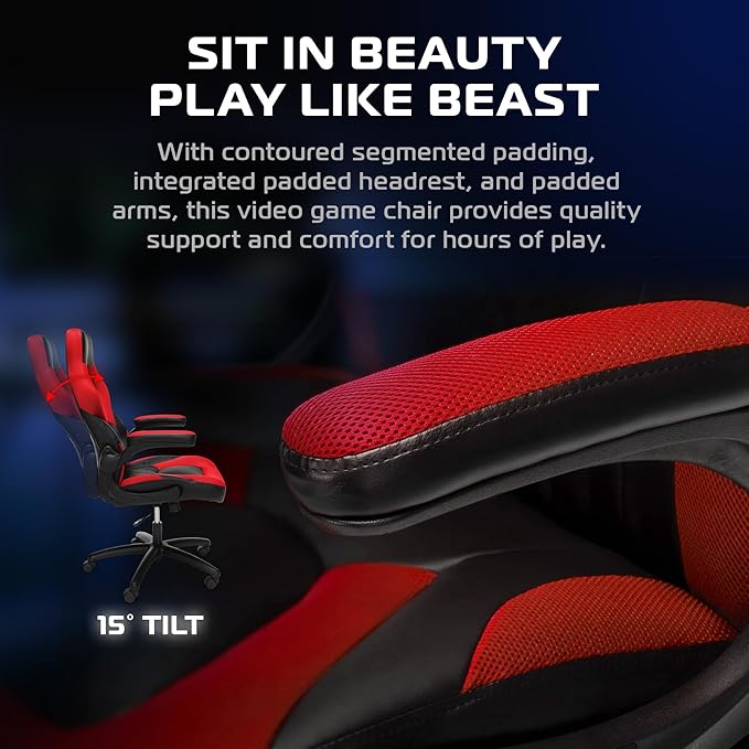 RESPAWN 3085 Ergonomic Gaming Chair for Adults, High Back Office Chair with Headrest and Flip Up Arms, Leather Racing Style Gaming Seat with Lumbar Support, Video Game Computer Desk Seat - Red