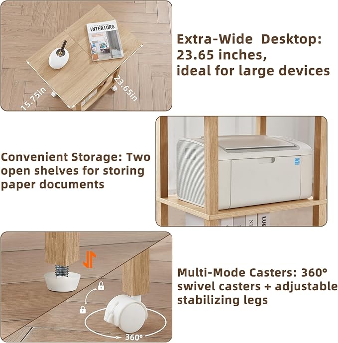 YUFAM 3 Tier Home Printer Stand with Storage, Wooden Mobile Printer Table Shelf, Rolling Printer Cart Shelf with Lockable Wheels fit Fax Machine, Scanner, Natural
