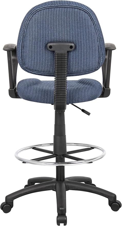 BOWERY HILL Contemporary Fabric Drafting Stool, Blue Tweed Upholstery, Adjustable Loop Arms, Pneumatic Seat Height, Chrome Footrest, Nylon Base, Dual Wheel Casters, Ergonomic Office Chair