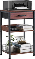 Lerliuo Walnut Printer Stand with Fabric Drawer, 3 Tier Industrial Side Table, Modern Small Printer Desk Holder with Storage Shelf,Multi-Functional Bedside Tables for Home Office Fax Machine Scanner