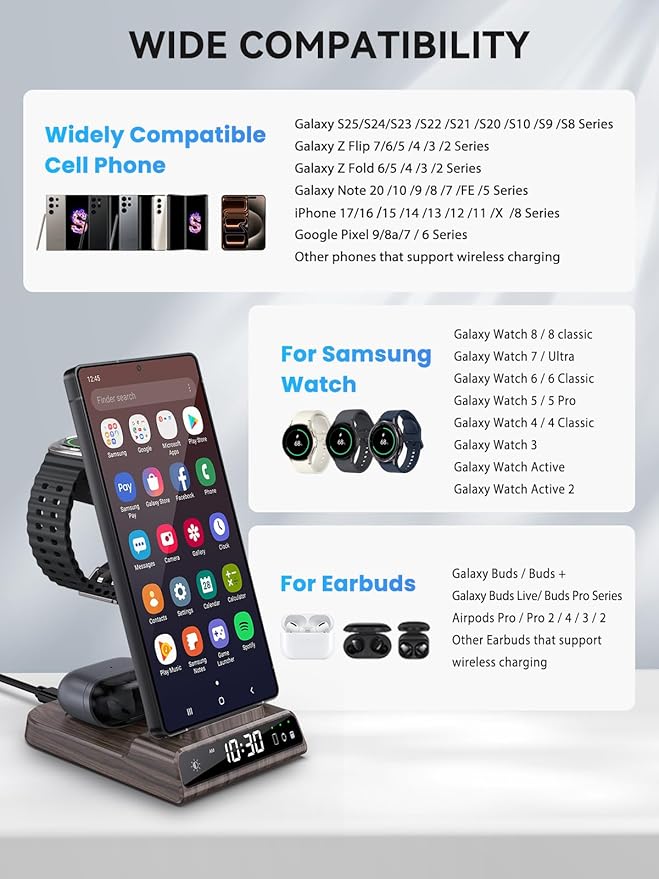 Wireless Charger for Samsung Charging Station with Clock for Samsung Galaxy S25 Ultra/S24 Ultra/Z Flip 7/Fold 6/Galaxy Bud, 3 in 1 Charger Station Watch Charger for Galaxy Watch 8/7/6/5Pro(Wood Grain)