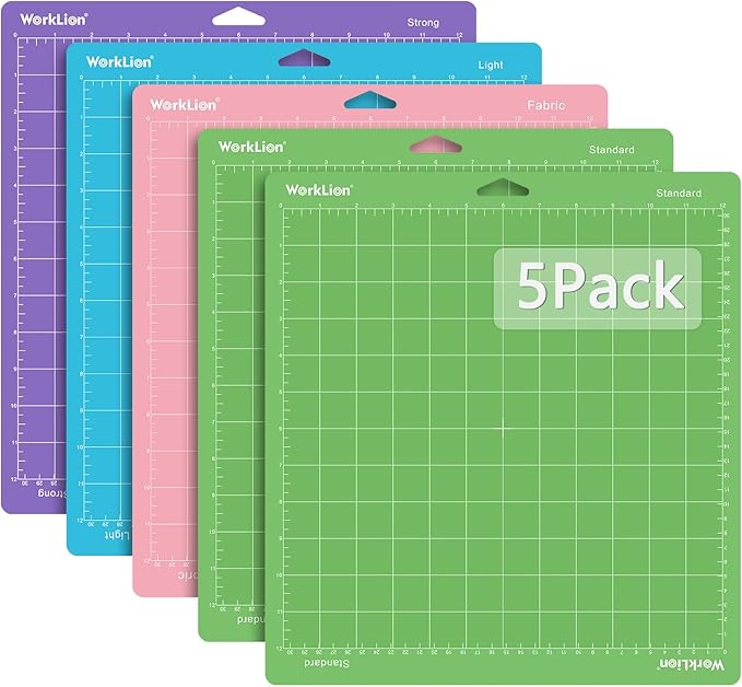 WORKLION Cutting Mat 12x12 Compatible with Maker/Maker 3/Maker 4/Air 2/Explore 3/4, Variety Sticky（Standard,Light,Strong) Vinyl Mat(6Pack)
