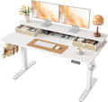 TIQLAB Standing Desk with Two Drawers, Stand Up Standing Desk Adjustable Height, Electric Sit Stand Table with Storage Shelf and Splice Board, 55 * 24 inch, White Wicker