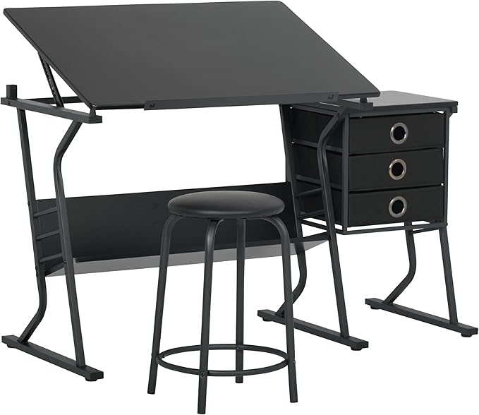 2 Piece Eclipse Ultra Center/Drawing Table with Stool, Angle Adjustable Top, Storage Shelves, and Drawers