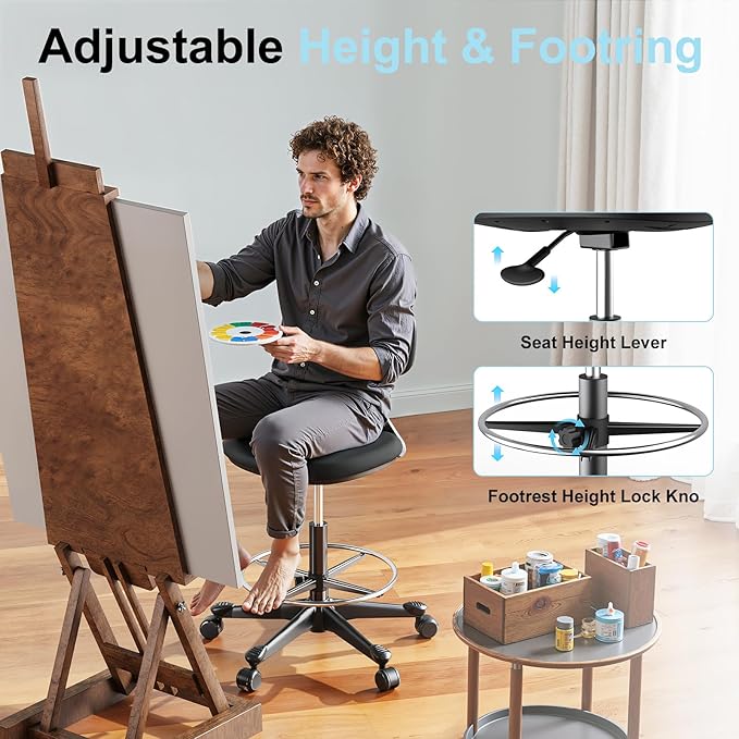 Drafting Chair with Auto-Lock Gravity Wheel,Height Adjustable Standing Desk Chair,Tall Drafting Stool,with Back Support & Foot Rest,No Arms,for Studio,Lab,Office or Home