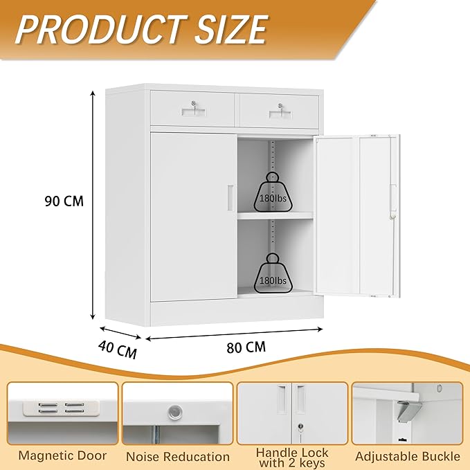 Metal Storage Cabinet with 2 Drawers, 36" H Locking Storage Cabinet, Metal Cabinets with Doors and Shelves for Home, School, Office, Garage, White