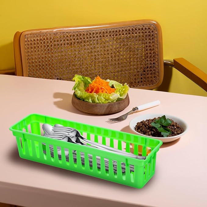 12 Pack Colorful Slim Plastic Storage Baskets Tray for Organizing, 10.24 x 3.15 x 2.36 Inch Small Slim Colorful Pencil Plastic Baskets for Desk Garage Cabinet Containers (6 Colors)