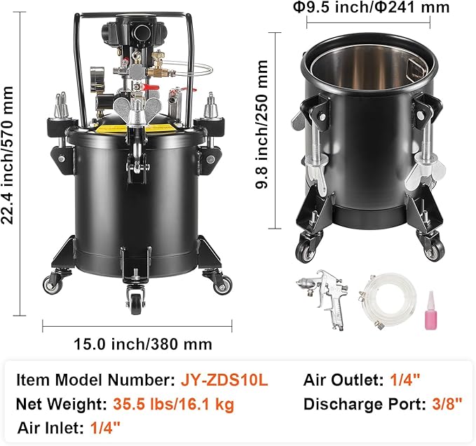 Spray Paint Pressure Pot Tank 10 L/2.5 gal Fully Automatic Stirring 70 psi Automatic Stirring: The paint pressure pot is equipped with a pneumatic motor for automatic stirring, ensuring even mixing
