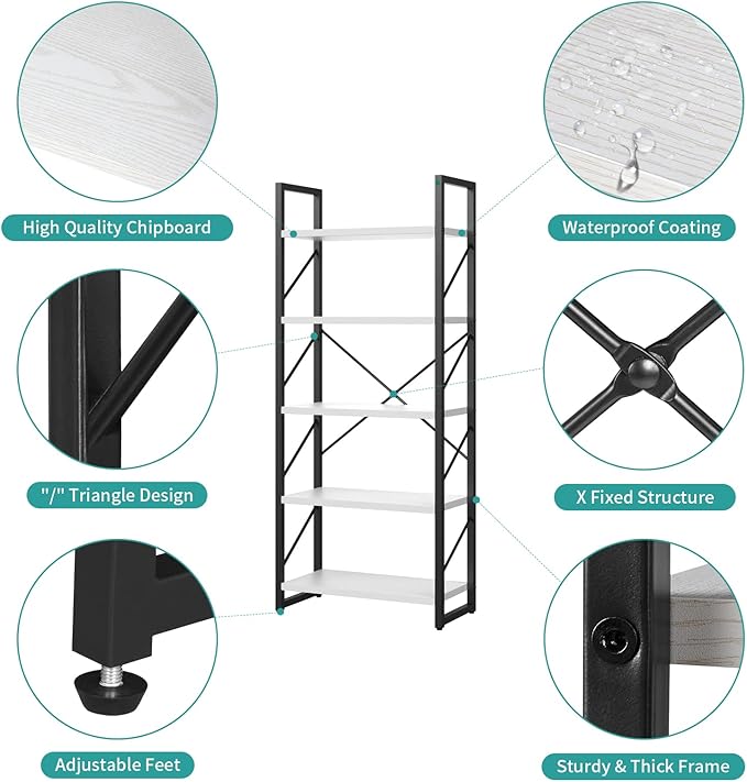 YITAHOME 5 Tiers Bookshelf, Classically Modern White Bookshelf, Book Rack, Storage Rack Shelves in Living Room/Home/Office, Books Holder Organizer for Books/Movies, White