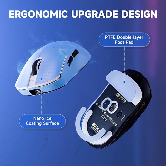 ATTACK SHARK X8 PRO 8K Wireless Gaming Mouse,PAW3395PRO 40K DPI Sensor,Tri-Mode Broadcom BK52820 Chip,Superlight Ergonomic Mouse for Large Hands,Cloud-Based Software,for Win/Mac(White&Tape)
