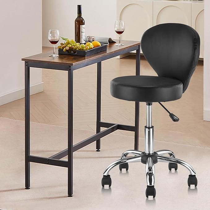 KLASIKA Pu Leather Round Rolling Swivel Salon Stool Chair, with Adjustable Height and Back Support for Office Massage Facial Spa Medical Drafting Tattoo Beauty Barber Black 1PK