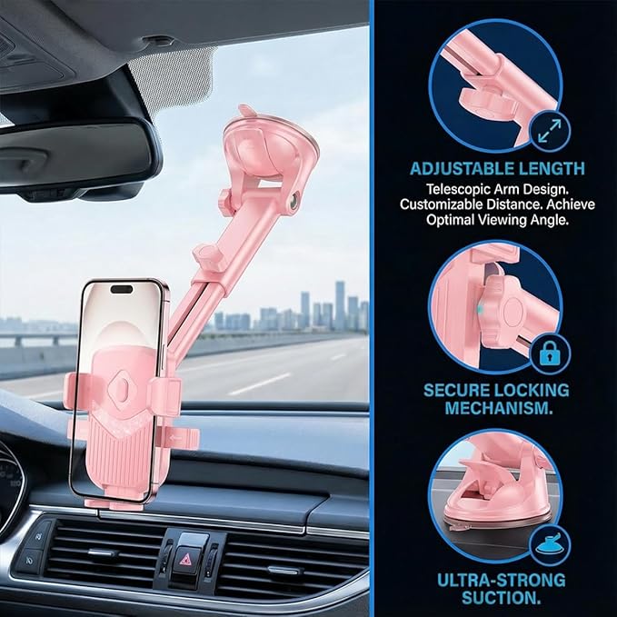 Car Phone Holder, 360° Adjustable Strongest Suction Vehicle Dashboard Windshield Cell Phone Stand with Hook Clip, Automotive Air Vent Smartphones Mount, Universal Fit (Pink)