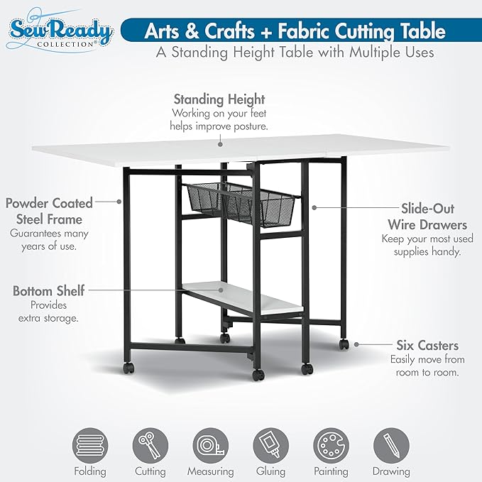 Studio Designs Sew Ready Fabric Cutting Standing Table with Craft Organizers - 58.75" W x 36.5" D x 30" H - Charcoal / White