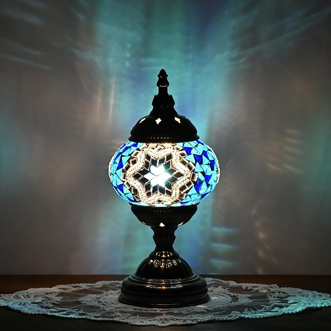 GOGERS Turkish Moroccan Table Lamp Lantern with Handmade Mosaic Glass Lampshade Tiffany Style Bohemian Stained Glass Decorative Desk Lamps Bedside Night Lights for Bedroom (Blue White)