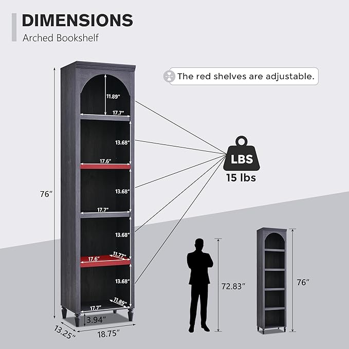 IFGET 76" Tall Arched Bookcase, Farmhouse 5 Tiers Narrow Arched Bookshelf Cabinet with Adjustable Shelves, Modern Wooden Book Shelf w/Storage and Open Display Shelves for Living Room, Office-Dark Grey