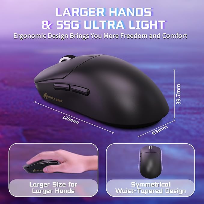 ATTACK SHARK X8SE Wireless Gaming Mouse,Adjustable 25K DPI PAW3311 Optical Sensor,Ergonomic 59g Lightweight,Triple Modes 2.4G/BT/USB-C Wired,500mAH Battery,5 Programmable Buttons for PC/Mac-Black