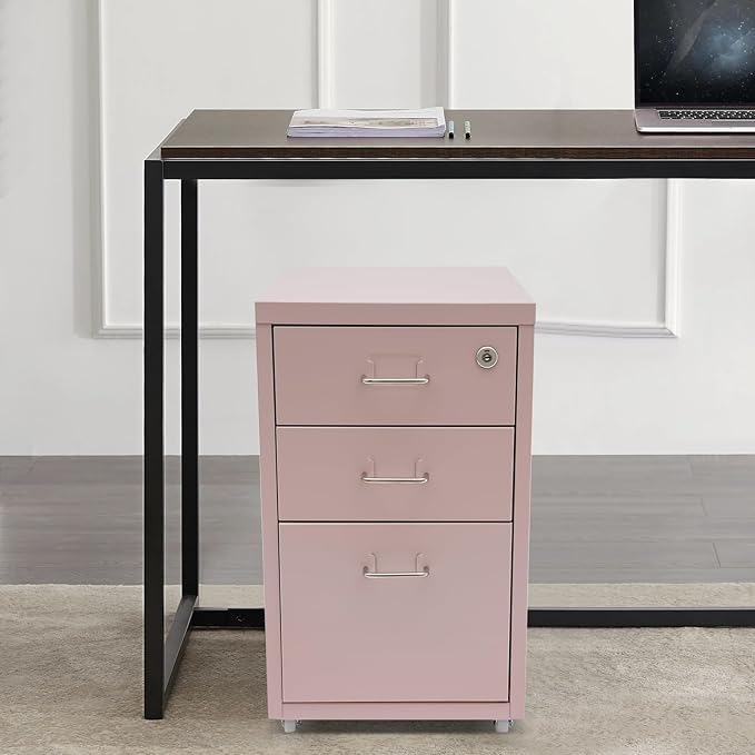 3 Drawer Metal Storage Cabinet Mobile File Cabinet with Lock Under Desk Office Storage Cabinet for Office & Home Fits Letter/Standard Sizes(Pink)